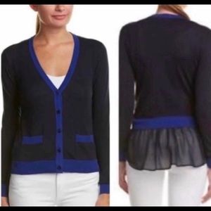 Cabi Michelle Navy and Cobalt Blue Sweater with Ruffle Hem size Small
